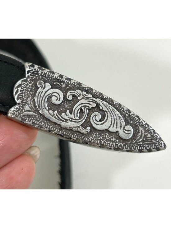 Justin Belt Black 30 Vtg Leather USA  Silver-plated 1993 Engraving Western 525BK